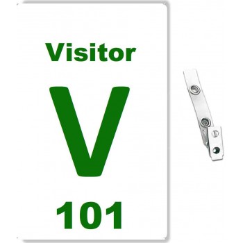 Custom Printed Numbered White PVC Visitor Badges + Strap Clips - 100 pack